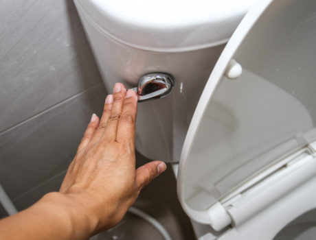 A woman hand pressing a white toilet bowl or flush toilet in the bathroom | The71Percent | Indiana American Water