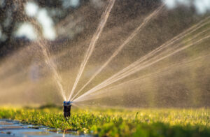 Automatic sprinkler system watering the lawn.